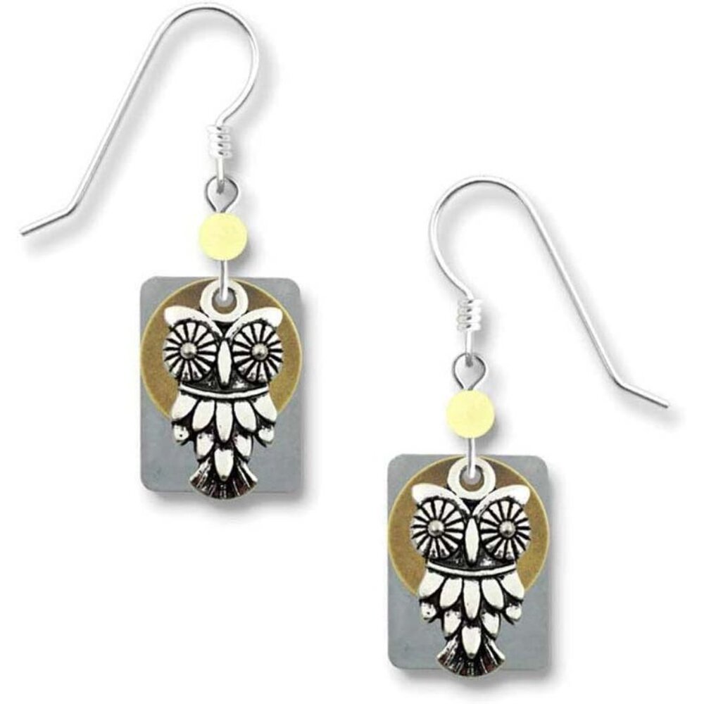 Lemon Tree Owl Charm Brass Disc Rectangle Back Silver Hook Earrings 4526 NEW
